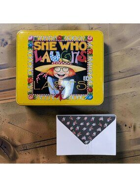 Mary Engelbreit She Who Laughs Lasts Tin Box & Envelopes JCPenney 90s Storage